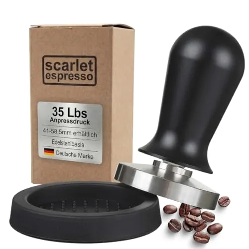 scarlet espresso | Kaffee Tamper »Perfetto« – Espresso Tamper auf 35 lbs Anpressdruck kalibriert, Edelstahlbasis & aluminium Griff – Kaffeestampfer für gleichmäßige Extraktion – 49 mm & Tamperablage