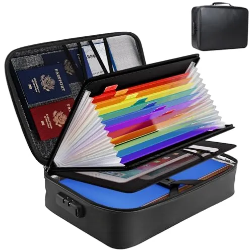 OITUGG Feuerfeste Dokumentenbox (1000°C geprüft) – 36x28x10 cm – 3-lagige Aufbewahrung mit Kombinationsschloss – 13 Akkordeontaschen + 30 Steckfächer