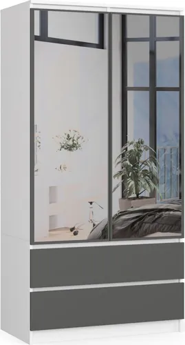 Kleiderschrank AKORD S90 mit Spiegel Weiß 90 cm 2 Türen 2 Schubladen 4 Ebenen Front Graphitgrau B90 x H180 x T51 cm