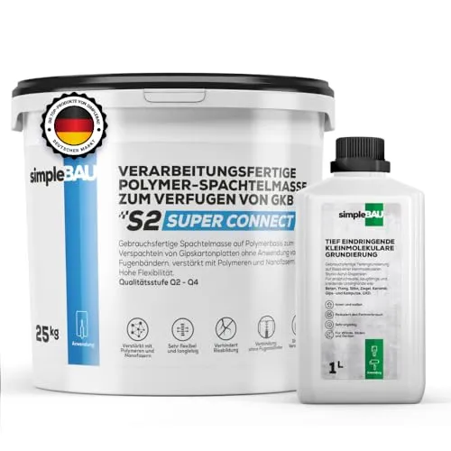 simpleBAU Spachtelmasse 25 kg & Tiefengrundierung 1L – Hochleistungs-Paket für Wände und Decken - Vielseitige Spachtelmasse und Tiefgrundierung für Innenräume. Hohe Elastizität und einfache Verarbeitung garantieren perfekte Ergebnisse auf Gipskarton, Beton und mehr. Ideal für schnelle Reparaturen und glatte Oberflächen.
