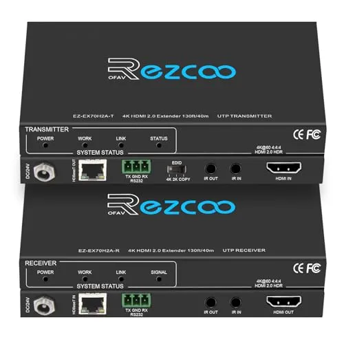 ROFAVEZCO HDMI Extender über Ethernet 4k 60Hz unkomprimierte 18G/BPS über Single Cat5/6 bis zu 40 m, RS232 + POE + IR + HDCP2.2 HDR und CEC EDID