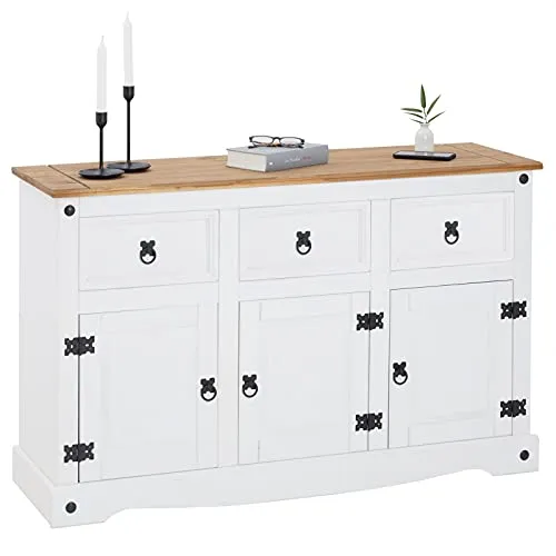 Caro-Möbel Sideboard CAMPO - Sideboard aus massivem Kiefernholz in elegantem Weiß, bietet 3 Schubladen und 3 Türen für viel Stauraum, ideal für Ihr Wohnzimmer oder Esszimmer.