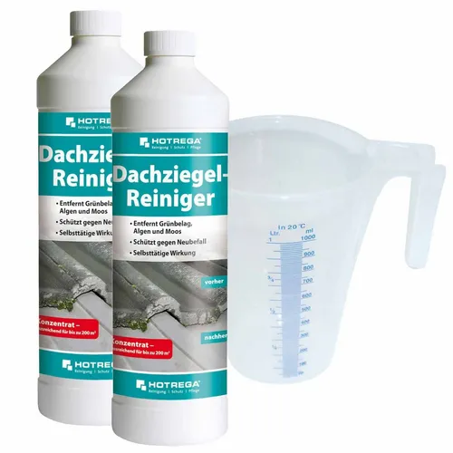 HOTREGA Dachziegel Reiniger Konzentrat 2x 1L - Reinigungsmittel für effiziente Dachpflege, entfernt mühelos grüne Beläge mit Langzeit-Schutz und schont empfindliche Oberflächen wie Zink oder Kupfer.