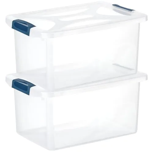 Engelland - 2 x Aufbewahrungsbox mit Deckel und Verschluss-Clips, dunkelblau-transparent, 16 Liter, Plastik-Box, stapelbar, stabil, BPA-frei, lebensmittelecht