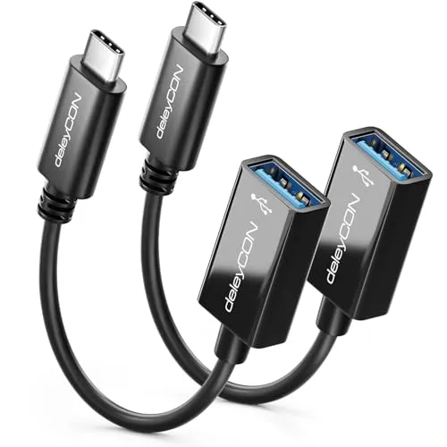 deleyCON 2x USB-C auf USB-A Adapter Kabel USB 3.0 OTG - Kompatibel mit Notebook Laptop PC Smartphone Handy iPhone 17 16 15 S25 S24 S23 MacBook iPad Mini iMac - 17cm