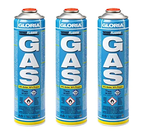GLORIA Gaskartuschen 3 x 600ml | Ideal für GLORIA Thermoflamm Unkrautbrenner & Abflammgerät | 70 % Butan, 30 % Propan | 30 % längere Brenndauer | Schraubkartusche für Camping, Gaskocher & Gasbrenner
