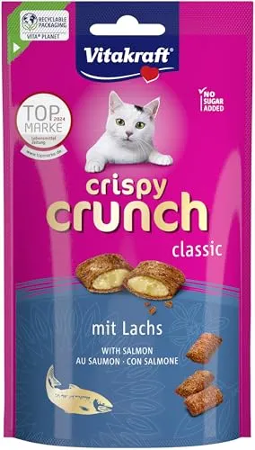 Vitakraft Crispy Crunch Classic, Katzen Leckerli, knuspriger Katzensnack gefüllt mit Lachs, im wiederverschließbaren Beutel, ohne Zusatz von Zucker (1x 60g)