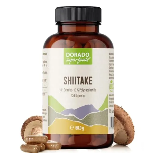 Shiitake Kapseln – 1.600 mg Extrakt täglich (10:1, entspricht 16.000 mg Rohpilz) – 120 Stück (1-Monatsvorrat) – hochdosiert – vegan & glutenfrei – verkapselt in Deutschland | Dorado Superfoods®