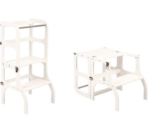 Ette Tete Step'n'Sit Lernturm klappbar aus Holz in Weiß | Montessori Küchenhelfer für Kinder | 2-in-1 Lernstuhl mit Tisch