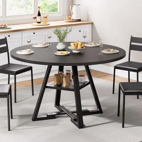 Jocoevol Esstisch Runder für 4 Personen, Esszimmertisch mit Ablage, platzsparender Küchentisch aus Holz im Industrial Design (Schwarz, 120x120x76cm)