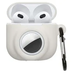kwmobile 2-in1 Schutzhülle für Apple Airpods 4 Hülle - Kopfhörer Silicon Case kompatibel mit AirTag - stoßfestes Cover mit Karabiner - Weiß - Weiß