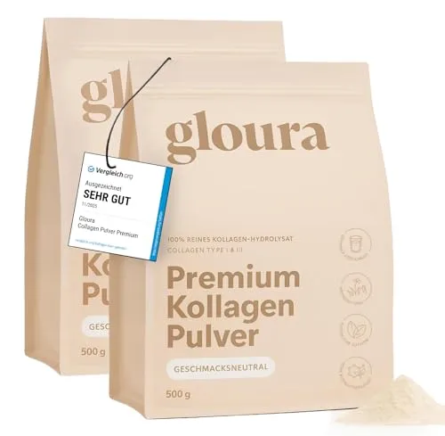 Gloura Premium Kollagen Hydrolysat Pulver (Typ 1 & 3) - Collagen für Schönheit und Gesundheit – 100% reines Hydrolysat, geschmacksneutral und ideal für Smoothies oder Shakes. Optimierte Löslichkeit für beste Aufnahme, 33 Portionen für deine tägliche Routine.