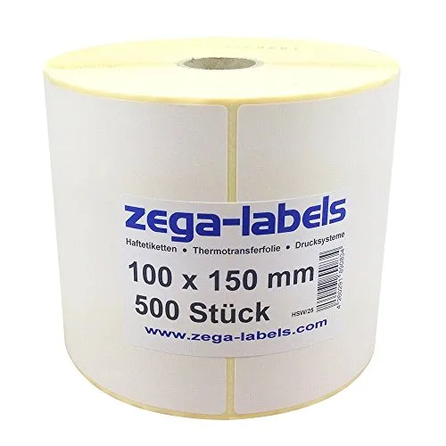 zega-labels Thermotransfer Etiketten - 100 x 150 mm - 500 Stück je Rolle - Kern Ø 25 mm - stark haftend - mit Perforation - Druckverfahren: Thermotransfer (Verwendung mit Farbband)