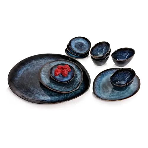 SÄNGER Servierplatten Tokio 11-tlg. Set - Tafelservice aus Steingut mit 11 Teilen, spülmaschinenfest und ideal für stilvolle Anlässe. Dunkelblau mit schwarzen Akzenten für ein elegantes Ambiente.