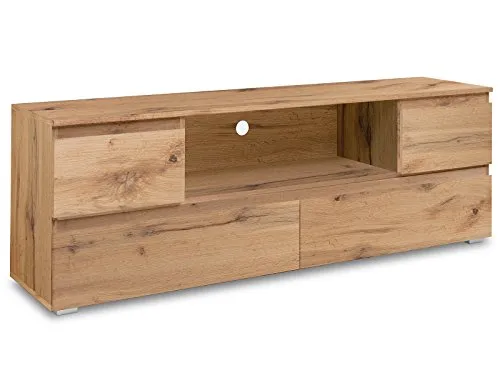 möbelando TV-Lowboard Ravenna II - Honig-Eiche - TV-Bank in warmer Honig-Eiche, mit 4 Schubkästen und offenem Fach für optimale Stauraumnutzung. Leicht und stabil durch melaminharzbeschichtete Spanplatte, ideal für modernes Wohnen.