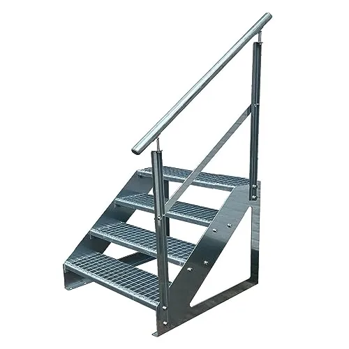 Kaminbau Mierzwa Premium Treppe Freistehend 4 Stufen Geländer Rechts (Breite 1000 mm) (Höhe 76cm) Wetterfest Gitterroststufe Gartentreppe