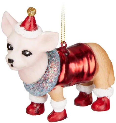 BRUBAKER Christbaumschmuck Chihuahua Hellbraun Rot als Weihnachtsmann - Anhänger 9,3 cm (1-tlg), Handbemalte Weihnachtskugel Hund aus Glas - Christbaumkugel Baumkugel