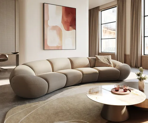 DELIFE Big-Sofa Lunna, Fein Bouclé Taupe 360x175 cm - Sofa in Taupe mit 2 grauen Kissen, ideal für stilvolle Wohnräume, bietet außergewöhnlichen Komfort und langlebige Qualität.