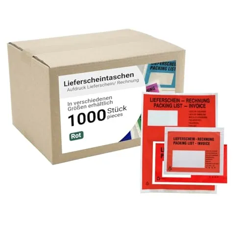 dm-folien Lieferscheintaschen C4 I 500 Stück I Selbstklebende Versandtaschen mit Aufdruck I Rot-transparente Versandunterlagen für Lieferscheine & Rechnungen I Versandzubehör aus PP