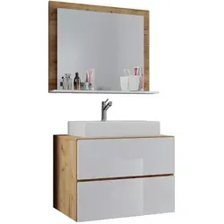 VCM Waschtisch Landas 2-teilig, weiß/honig eiche - Sonstige Badezimmermöbel mit modernem Design, inklusive hängendem Wandspiegel und kratzfester Oberfläche, ideal für stilvolle Badezimmer.
