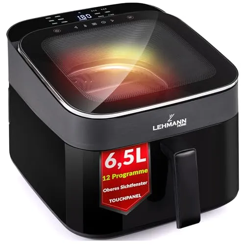 LEHMANN XL Heißluftfritteuse 6,5L - Familien Airfryer mit Panorama-Sichtfenster - Tiegelfritteuse mit 6,5L Volumen und 12 Programmen für fettfreies Frittieren. Genießen Sie gesunde, knusprige Speisen und behalten Sie dank des Panorama-Sichtfensters den Garprozess im Blick.