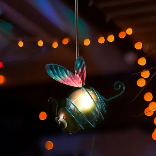 LED Solar Libelle hängend Schwingfigur mit Feder gelb Gartenfigur Gartendeko