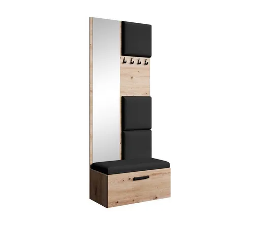 Garderobe MARGARET III – Artisan + Schwarz mit Spiegel und Kleiderhaken - Moderne Garderobe mit gepolsterten Paneelen, Spiegel und Schuhschrank. Ideal für kleine Flure, bietet Funktionalität und Stil. Robuste Konstruktion und bequeme Sitzfläche sorgen für Ordnung und Komfort.