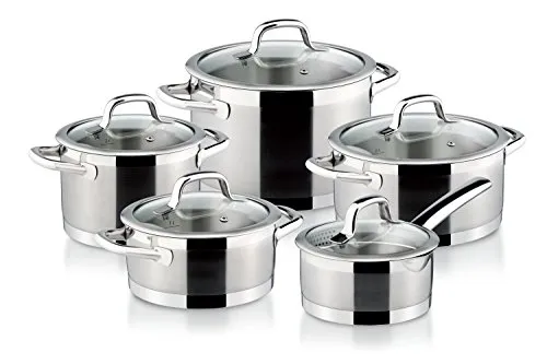 Tescoma PRESIDENT Topfset 10-teilig - Luxus Edelstahl 18/10 Kochtöpfe mit Abgießdeckel und Messskala, perfekt für alle Herdarten, inkl. Induktion und spülmaschinenfest für einfache Reinigung.