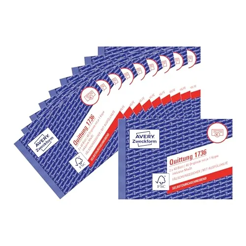 AVERY Zweckform 1736-10 Quittungsblock (A6 quer, 2x40 Blatt, selbstdurchschreibend, fälschungssicherer Dokumentendruck, für Beträge unter MwSt. für DE/AT) 10er-Pack, weiß/gelb