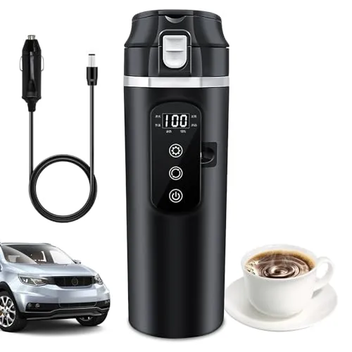 PORFOYO Wasserkocher Für Auto Reisebecher 24V/12V Elektrischer Wasserkocher 500ml Schwarz Edelstahl Liner Mit Anzeige Für Auto Reisen