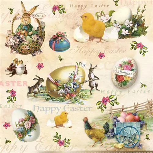 Servietten Ostern Happy Easter Animals Tiere Vintage Hase Henne Küken 33x33cm 20