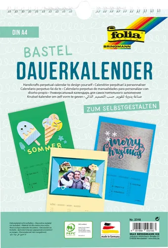 Folia Bastelkalender, DIN A4, 12-farbig mit Spiralbindung # 2159.2088