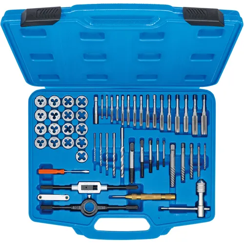 BGS-technic Gewindeschneider 70104, Set, 56-teilig - Gewindeschneider-Set für Innen- und Außengewinde M3-M12, inklusive 17 Gewindebohrern und 17 Schneideisen aus hochwertigem Werkzeugstahl, ideal für präzise Gewindearbeiten.