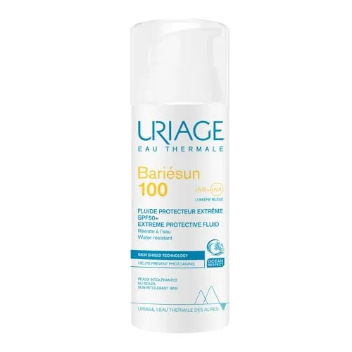 Uriage Bariesun 100 Extremschutz-Fluid LSP50+ - Hochverträgliches Fluid für Gesicht mit sehr hohem Lichtschutzfaktor, ideal für sonnenempfindliche Haut. Wasserfest und schnell einziehend, bietet es zuverlässigen Schutz ohne Rückstände.