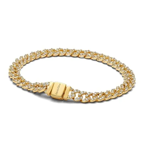 PANDORA Timeless Pavé Cuban Gliederarmband aus Sterling Silber - Elegantes Damenarmband aus Sterling Silber mit vergoldeter Metalllegierung und funkelnden Zirkonia-Steinen – für einen glamourösen Look im Alltag