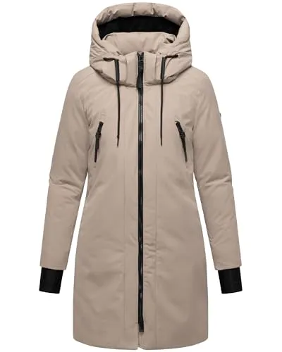 Navahoo Damen modischer Wintermantel warmer Parka mit (abnehmbarer) Kapuze und Rucksackträgern innen Winterzart 14 Taupe Grey Gr. 3XL