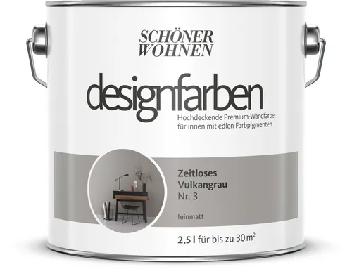 Wandfarbe Designfarbe Grau Vulkangrau 2,5L - Farben für den Innenbereich, UV-beständig und ideal für alle Zimmer, einfache Verarbeitung mit Rolle, hochdeckend für 21-30 m².
