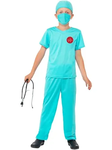Smiffys Chirurg Kostüm für Kinder, Blau - Arzt-Kostüme für Kinder, Komplettset mit Oberteil, Hose, Mütze, Maske und Stethoskop, Ideal für Karneval und Halloween, leicht und bequem für stundenlangen Spaß.