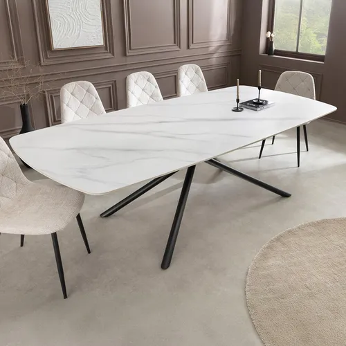 riess-ambiente Esstisch OSAKA 160cm in Weiß mit schwarzem Metall-Sterngestell - Moderner Esstisch aus pflegeleichter Keramik in elegantem Weiß, bietet Platz für bis zu 6 Personen. Das stabile Metall-Sterngestell sorgt für sicheren Stand und verleiht dem Tisch ein einzigartiges Design.