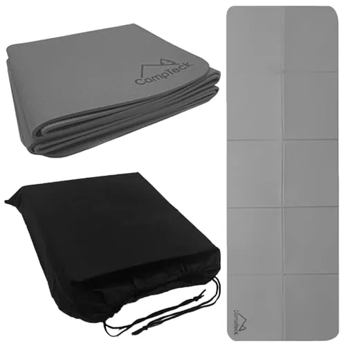 CampTeck U7274 Unisex Faltbare Yogamatte, Tragbare Yoga Matte, Yogamatte Rutschfest, Yoga Mat, Trainingsmatte Rutschfest (183 x 61 cm aufgeklappt) mit Tragetasche mit Kordelzug - Grau