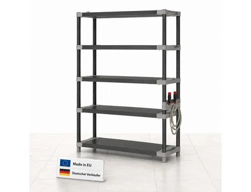 ONDIS24 Schwerlastregal Kunststoffregal 175 cm hoch mit 5 Böden - Stabiles Schwerlastregal mit 5 Böden, ideal für Werkstatt und Garage. Hohe Belastbarkeit bis 600 kg, einfache Montage ohne Werkzeug und praktische Werkzeughalter für mehr Ordnung.