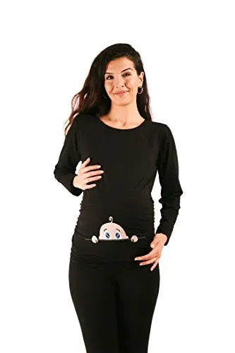 M.M.C. Neugieriges Baby - Umstandsmode Umstandsshirt mit Motiv Sweatshirt Schwangerschaftsshirt für die Schwangerschaft, Langarm (Schwarz, Medium)