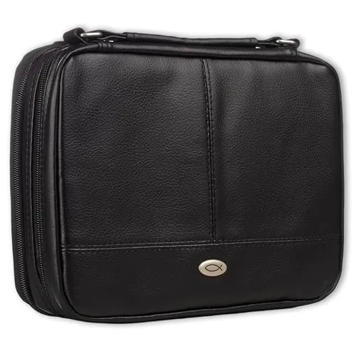 Christian Art Gifts Kunstleder-Bibelhülle für Damen und Herren, Ichthus Jesus Fischemblem Reißverschluss, zweifach gefaltet, Organizer für Bibel oder Buch mit Griff