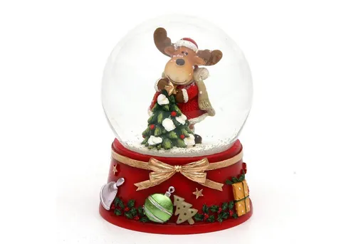 Dekohelden24 Schneekugel mit Elch und rotem Sockel - Zauberhafte Schneekugel mit einem Weihnachtselch und liebevoll verziertem Sockel. Perfekt als Geschenk oder Mitbringsel für die festliche Saison. Maße: 7 x 7 x 8,5 cm.