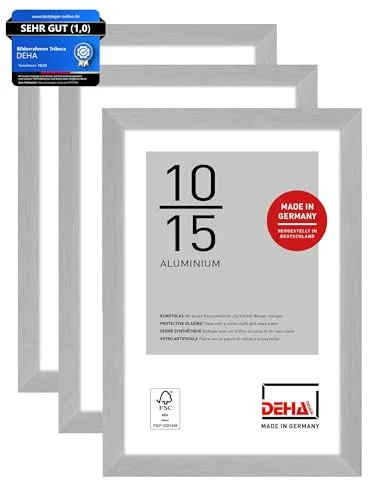 DEHA Design Bilderrahmen, 10 x 15 cm (3er Set), Aluminium, Silber matt, Fotorahmen zum Auftstellen im Hoch- & Querformat, bruchsicheres Kunstglas, Tribeca