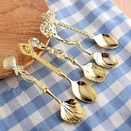 Falytemow 304 Edelstahl Löffel für Kaffee Tee Dessert Getränke Mixen Milchshake Löffel Geschirr 7 Stück 5 goldfarbene Vintage-Löffel.