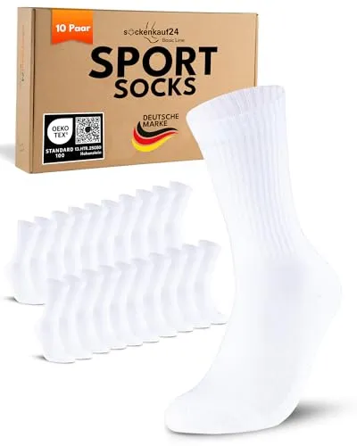 sockenkauf24 10 Paar Sportsocken Herren Weiß 43-46 Tennissocken Atmungsaktive Baumwolle Crew Socken