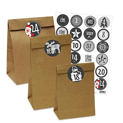 OLShop AG Adventskalender 25 Papiertüten Verschiedene Größen mit 24 Zahlenaufklebern Schwarz/Weiß