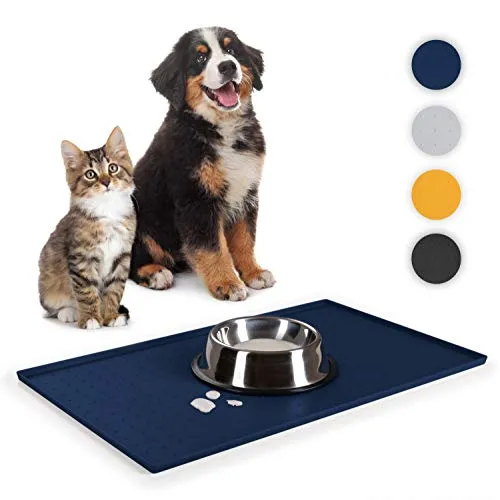 Everanimals Napfunterlage Katzen 30x50 cm - Napfunterlage Hund mit erhöhtem Rand - wasserdichte Hundenapf Unterlage - Katzenmatte Futter aus 100% Silikon - Napfunterlage groß - Futtermatte Hund Blau