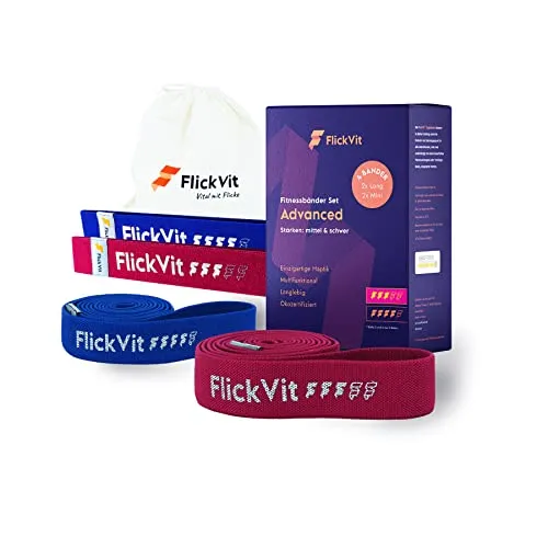 FlickVit Fitnessbänder 4er Set- Advanced (3 & 4) inkl. Tragebeutel, Fitnessband Stoff, Klimmzugband, Widerstandsbänder Set, Widerstandsband, Gummiband Sport, Theraband Set